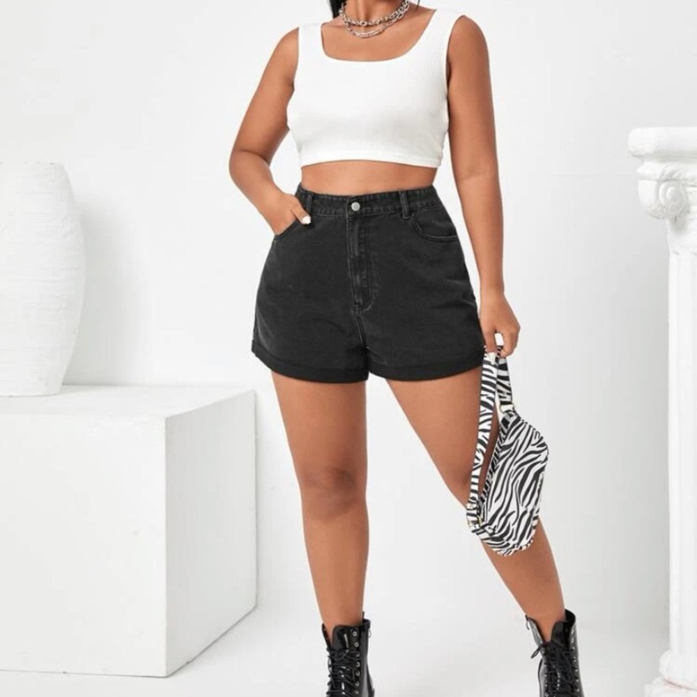 Plus Size Black Denim Cuffed High Waisted Shorts